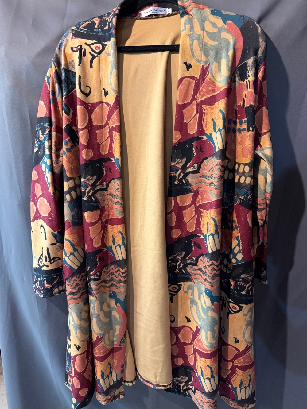 Casa Donna Multicolor Open-Front Patterned Cardigan - Burgundy/Teal/Cream